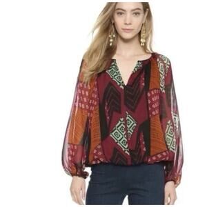 Diane Von Furstenberg Silk Peasant Blouse Tribal Print Bishop Sleeves XS Vibrant